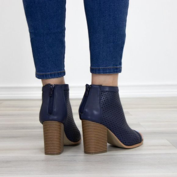 Navy Perforated Heeled Open Toe Ankle Boots - Picture 4 of 10